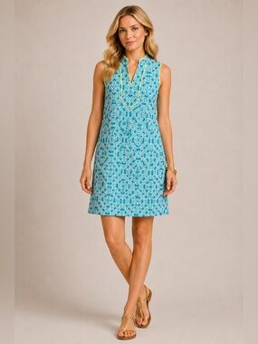 Vince Camuto Sleeveless Dress Teal White Geometric Print Coastal Resort Preppy